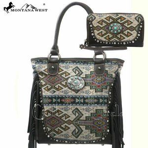 Montana West Western Aztec Fringe Grey Handbag Set